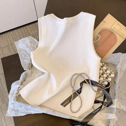 Summer Sexy Sleeveless Vest Women Korean Fashion Inlay Diamond Luxury Designer Slim Fit Knitted Tank Tops Women Camis Clothes