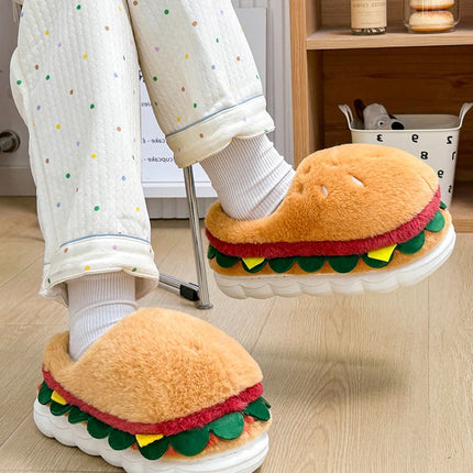 Creative Simulation Hamburger Slippers Women Men Funny Thick Sole Plush Shoes Non-Slip Soft Bottom 3D Cartoon Slides Indoor Home