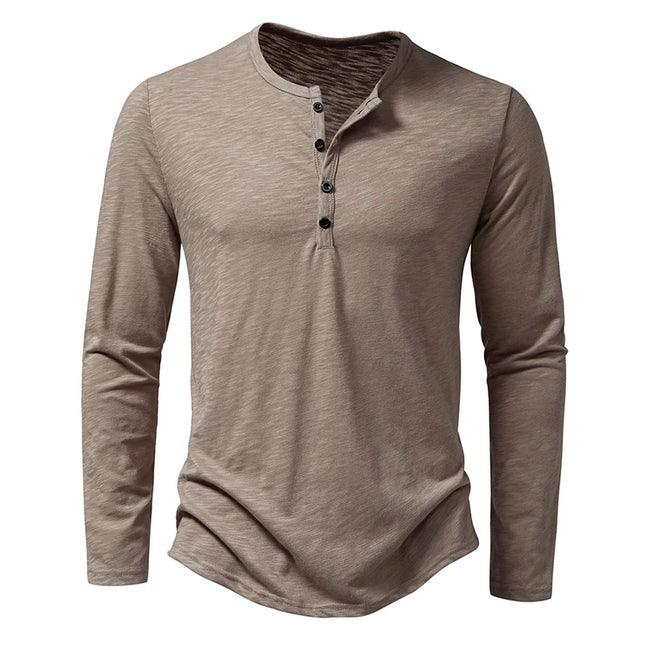 New Men's Cotton Henley T Shirt Long Sleeve T-Shirts Basic Casual Button Collar Breathable Daily Top Tees