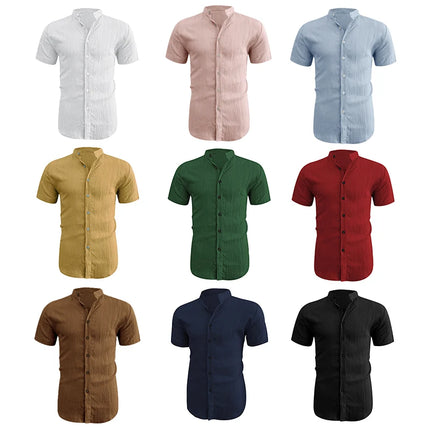 2026 New Men Vertical Wrinkle Textured Mandarin Collar Short Sleeve Button Shirt Loose Fit Summer Beach Travel Daily Casual Top