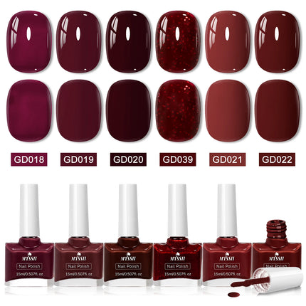 6pcs/set 15ml Wine Red Water-Based Nail Polish Long Lasting Quick Drying No Need of Lamp to Cure Nail Supplies Vernis for Nails