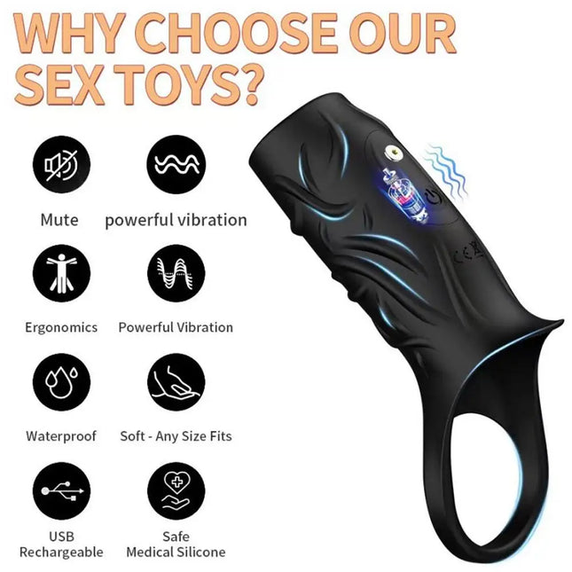 Vibrating Penis Sleeve Cock Ring Simulation Pattern Powerful Vibration Stimulation Delay Ejaculation Sex Toys Intimate Vibrators