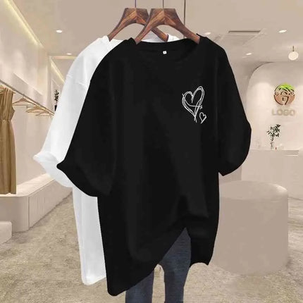 Summer 2025 New Elegant Love Print T-shirts Women Clothing Casual Loose Cotton Pullover Office Lady Basic Short Sleeve Top Tees