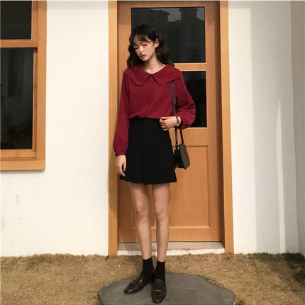 Casual Base Layer Top Autumn Collection Fresh Korean Style Doll Collar New Model Long Sleeve Shirt Women's Top