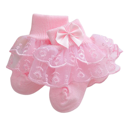 Pudcoco Infant Baby Girls Ruffle Lace Socks, Super Soft Infant Ankle Socks Princess Dress Socks with Bow 3M-2T