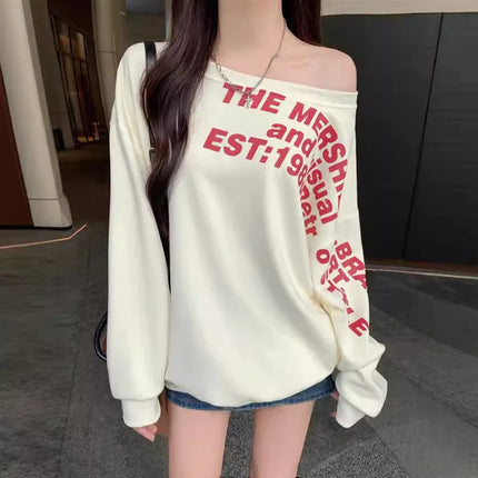 Sexy Oversize T-shirt Women Streetwear Letter Print Skew Collar Off Shoulder Long Sleeve Basic Top Korean Fashion Loose T-shirt