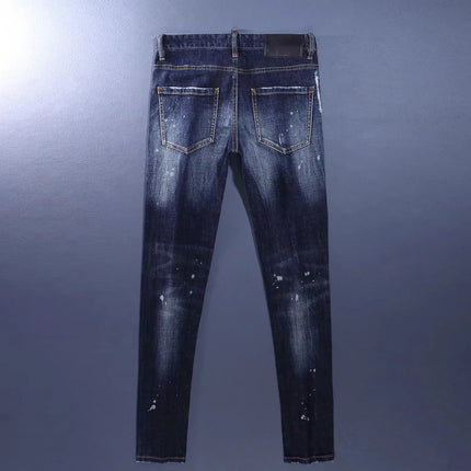 Fashionable Men's Deep Blue Jeans with Scratches, Washed Water, Nostalgic Stretch, Slim Fit, Painted Jeans, Designer High Street