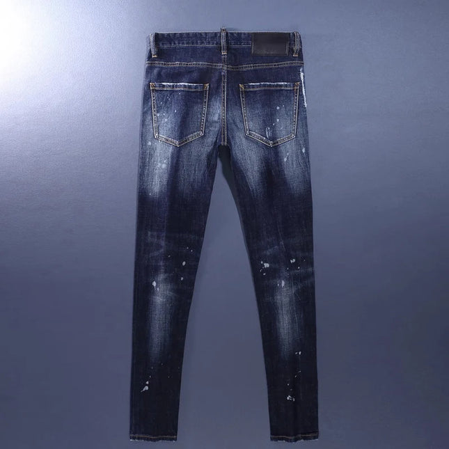 Fashionable Men's Deep Blue Jeans with Scratches, Washed Water, Nostalgic Stretch, Slim Fit, Painted Jeans, Designer High Street
