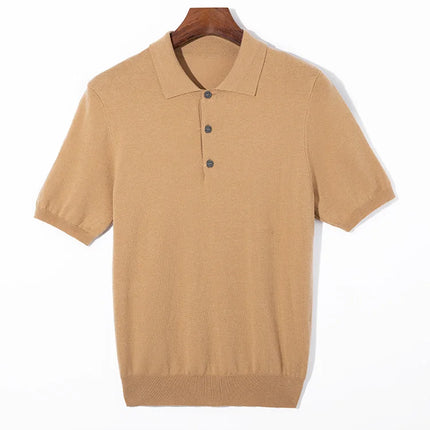 Men's short sleeved polo shirt, stylish top, knitted T-shirt, 2024 summer wool blend casual business pullover