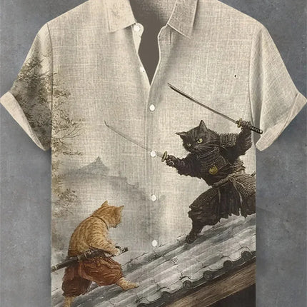 Men's Volcano Animal Pattern Linen Shirt Summer Fashion Short Sleeve Button Collar Shirt Hawaii Casual Shirt Top