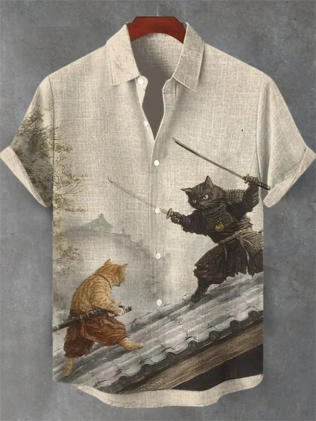 Men's Volcano Animal Pattern Linen Shirt Summer Fashion Short Sleeve Button Collar Shirt Hawaii Casual Shirt Top
