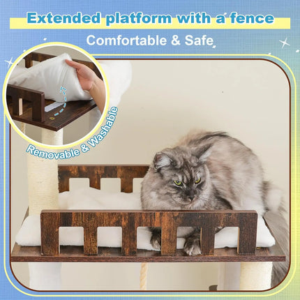 69.7" Wooden Cat Tree with Large Platforms, Hammocks, Condo, Scratching Posts, Ladder, Brush, Waterproof, Rustic Brown