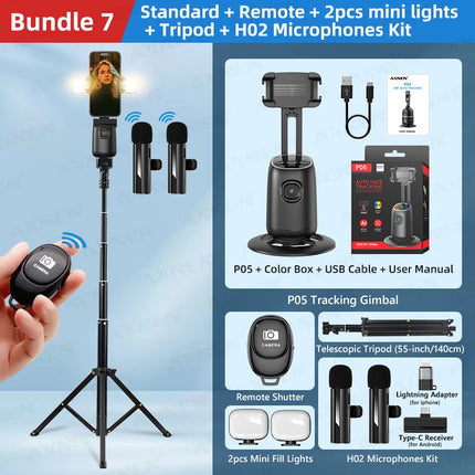 P05 AI Follow Gimbal 360 Rotation Face Tracking Stabilizer Filming Portable Desktop Cellphone Holder for Live/Photo