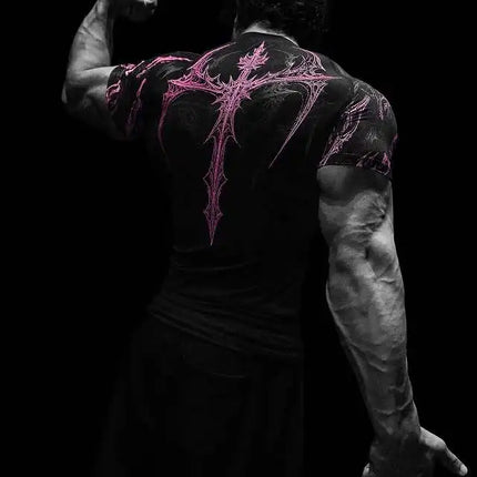 GYM T-shirt Men's Dark Gothic Print Muscle Tee  High Elasticity And Quick Drying Exercise For Bodybuilding Training 2025 Summer