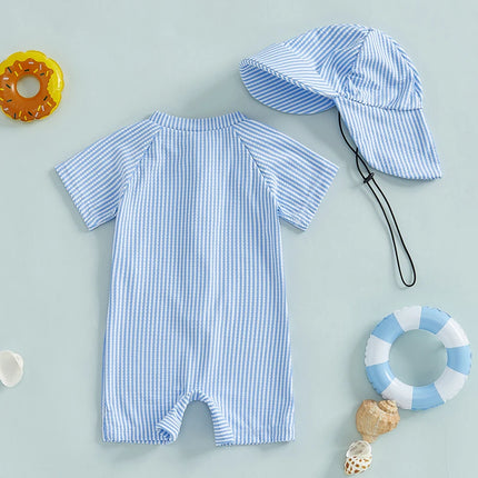 Toddler Boy Striped Swimsuit Short Sleeve Half Zipper Non-Pilling Rash Guard Swimwear Sunhat Set