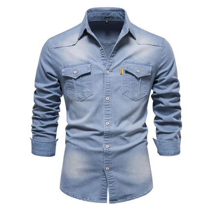 Spring Long Sleeve Men's Denim Shirt High Quality Cotton Elastic Casual Slim Fit Streetwear Clothing Cowboy Shirts Men Black