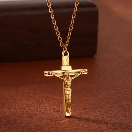 Stainless Steel Jesus Cross Necklace For Women Men Gold Color Caravaca Angels Crucifix Charm Choker Rapper Jewelry Hip Hop Gift