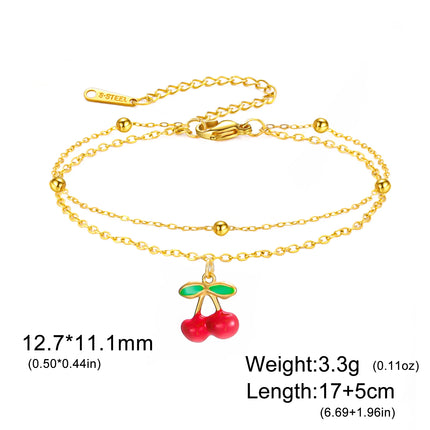 Teamer Enamel Cherry Charm Bracelet For Woman Gold Color Stainless Steel Double Bead Chain Fashion Birthday Friend Jewelry Gift