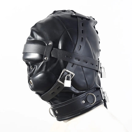 Padded Leather BDSM Hood Mask with Removable Eye Cover Lockable Choker Mouth Opening Slave Role Play Fetish Gear Adult Sex Toy