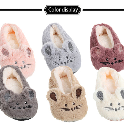 Winter Warm Slipper Women Home Fuzzy Fur Contton Plush Non Slip Grip Indoor Fluffy Lazy Female Mouse Ears Embroidery Floor Shoe