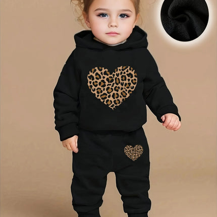 Newborn Baby Girl's Fashion Fleece Hoodie with Leopard Heart Design + Casual Sports Pants Set (Autumn/Winter