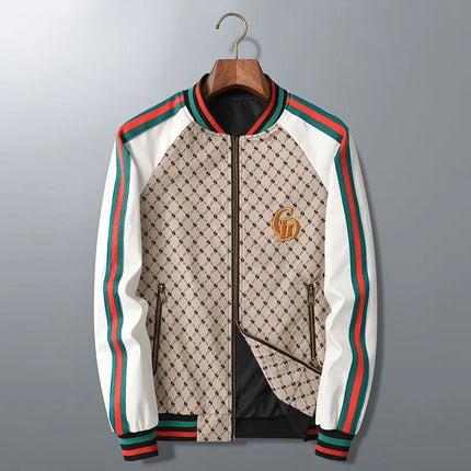 Men's Geometric Print Bomber Jacket Contrast Stripe Zip Up Varsity Baseball Coat