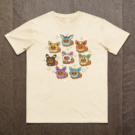 2026 Summer Pokemon Eevee Evolution Cute Cosplay Print T-Shirt, 100% Cotton Loose Couple & Family Tee for Travel Game & Sports