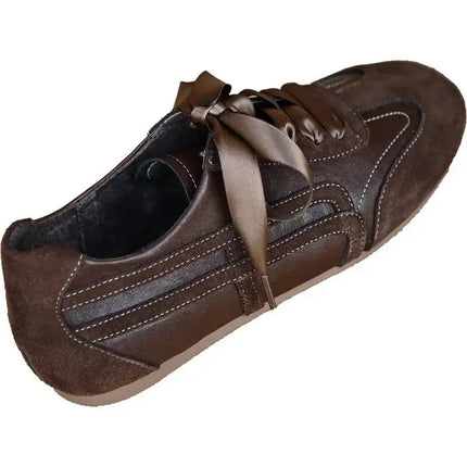 Suede Retro Lace Up Casual Flat Shoes Women Comfort Shallow Autumn Footwear Female Brown Genuine Leather Ballet Sneakers Women