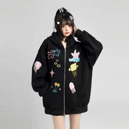 Fashion Zip Up Hoodies Women Autumn Long Sleeve Cartoon Tops Loose Hood Shirt Harajuku Y2K Clothes Female Sweatshirt Jacket