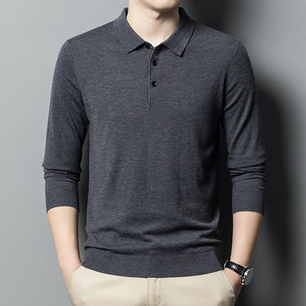 Worsted wool Men POLO Neck  Pullover Long Sleeve Lapel Sweaters Loose Warm Knitted Tops Spring Autumn New Style Men’s Clothing