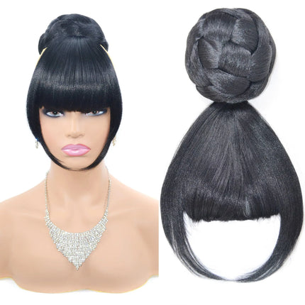 Synthetic Chignon with Bangs Clip In Hair Bun Pad Spherical Updos Hairpieces Black Color Daily Use Party Wedding Fashion Hair Ac