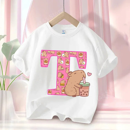 Summer Capibara Anime Letter A-Z Cute Printed Children's T-shirt Girls Short Sleeve Cotton Fashion Tops Kids Clothes Casual Tees