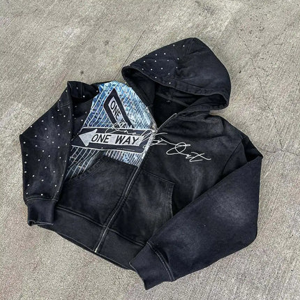 New Design Autumn/Winter Street Personalized Color blocked Letter Printed Loose Water Diamond Hoodie for Men and Women