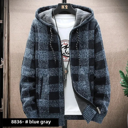 2023 Autumn/winter Fleece-lined Trendy Color Block Versatile Hooded Men's Cardigan Youth Outerwear Knitted Top For Men
