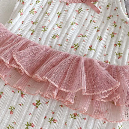 INS Summer Baby Girl Floral Lace Stitching Lace Bow Sling Triangle Jumpsuit for Toddlers and Baby Girls Summer Outdoor Wear
