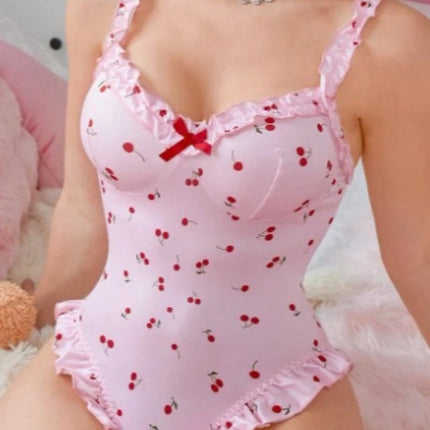 Foamlina Cute Pink Cherry Print Backless Teddy Lingerie for Women Sweet Bow Ruched Trim Spaghetti Strap Bodysuit for Nightwear