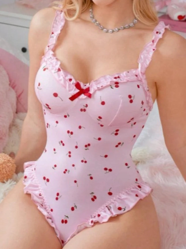 Foamlina Cute Pink Cherry Print Backless Teddy Lingerie for Women Sweet Bow Ruched Trim Spaghetti Strap Bodysuit for Nightwear