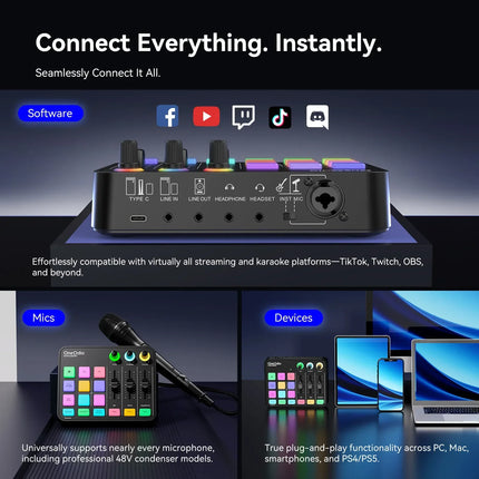 Oneodio Gaming Audio Mixer With XLR Microphone Interface 48V Phantom RGB Sound Card for Podcast/Live Streaming/PC Voice Changer