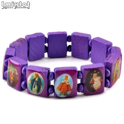 Wooden Rosary Jesus Bracelet Elastic Coloured Beads Catholic Bangle Picture Of Religious Saints Holy Gods Devotion Bracelet