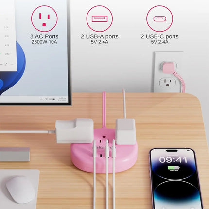Pink USB C Power Strip - 5FT Extension Cord with 3 AC Outlets & 4 USB Ports, 1625W/24W, Compact Kawaii Desk Charging Station