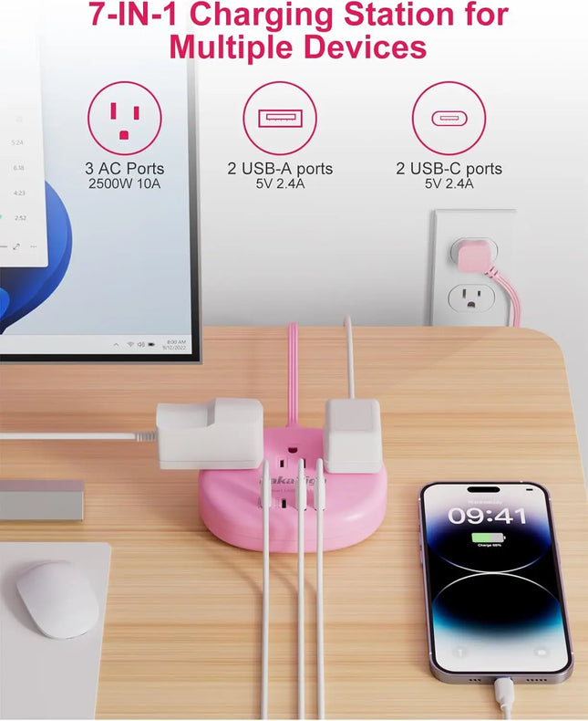 Pink USB C Power Strip - 5FT Extension Cord with 3 AC Outlets & 4 USB Ports, 1625W/24W, Compact Kawaii Desk Charging Station
