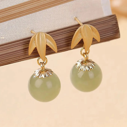 PANJBJ 925 Sterling Silver Jade Drop Earring for Women Zircon Round  Classic Grace Ethnic Jewelry Anniversary Gift Dropshipping