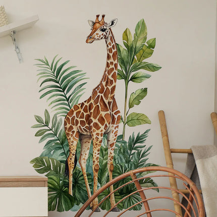 Contemporary Giraffe & Greenery Wall Decal - Self-Adhesive, Multi-Surface Home Decor for Bedroom, Living Room, Entryway