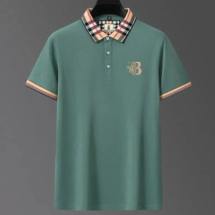 Luxury brand men's short-sleeved polo shirt, summer high-end fashion, plaid embroidery, lapel, casual T-shirt, breathable cotton top
