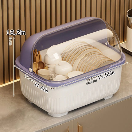 Dish Rack with Protective Cover - Space-Saving, Dust-Proof Kitchen Storage Cabinet with Chopstick Holder, Multifunctional Utensil Organizer with Drainage Board, Drainage Function, Suitable for Countertops and Cabinets, Dish R