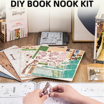 Robotime Rolife DIY Book Nook Japanese Sakura Densya in Books Series Wooden Miniature House with Furniture Doll House Kits Toy