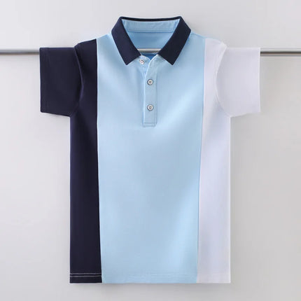 Teenage Boys' Cotton Uniform Polo Shirt, England Style Fashion Stripe Design, Kids' Short Sleeve Tops for Children Aged 5-15 Years