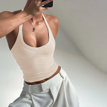 Hugcitar 2025 Summer Ribbed Halter Backless Solid Sexy Crop Tank Top Casual Y2K Women Clothes Beach Vacation Streetwear Yoga