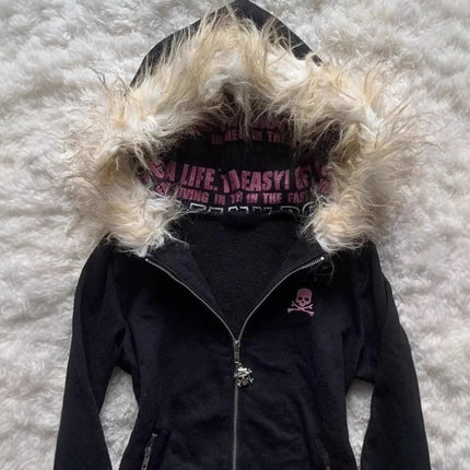 Gothic Style Zipper Hoodie Women's Long Sleeve Cardigan Printed Letter Fur Collar Design Street Trend Polyester Fabric Coat