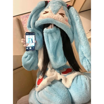 Anime Hatsune Miku Coral Velvet Cute Pajamas Women's Autumn Winter New Plush Thickened Flannel Warm Home Suit Set birthday gifts